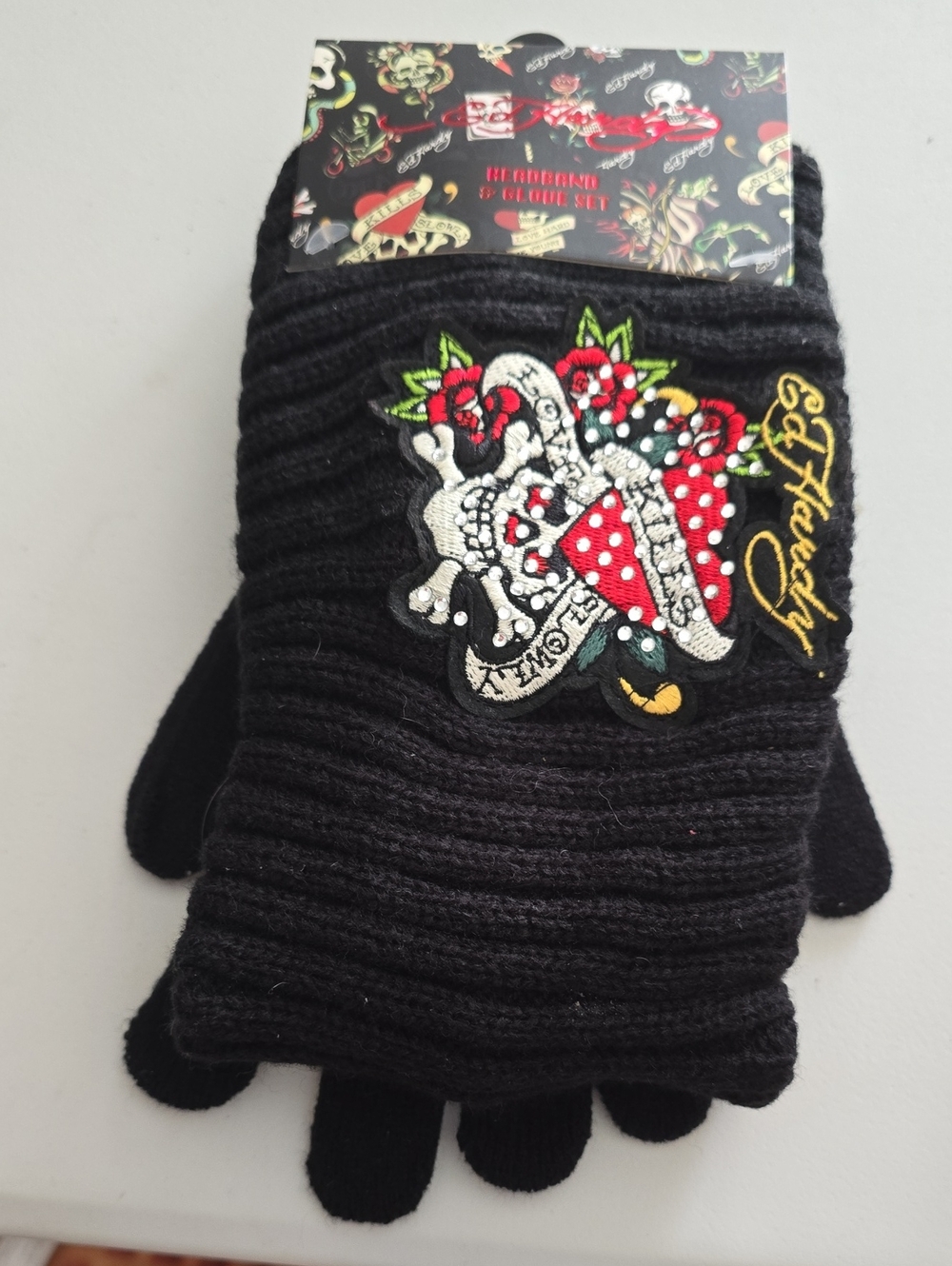 Ed Hardy Black Ribbed Gloves with Embroidered Skull & Rose Patch